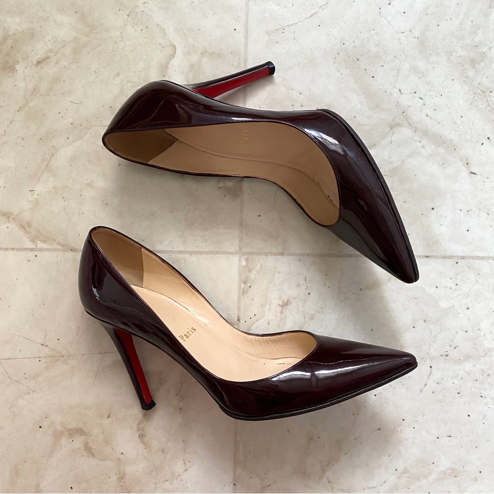 Christian Louboutin So Kate Burgundy Patent Leather Pointed Toe Pumps Heels 7/37